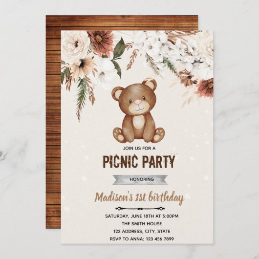ボヘミアンのクマのシャワー ピクニックへの招待 招待状 (正面/裏面)