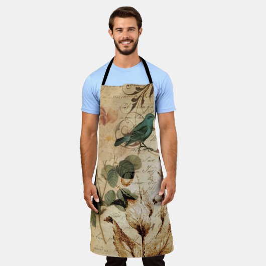 ボヘミアンのシックなパリスクリプト鳥フランスの植物学 エプロン (着用した状態)