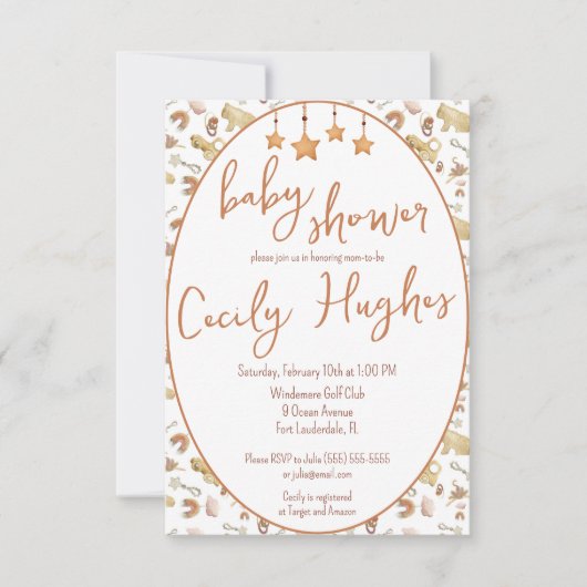 ボヘミアンのベイビーおもちゃ 天然木のエコ ベビーシャワー 招待状 (正面)