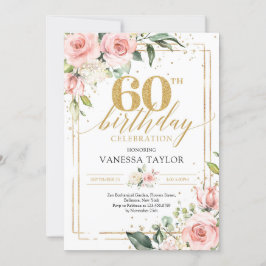 ボヘミアンの優しいバラ色の花と緑と金の60歳の誕生日 招待状
