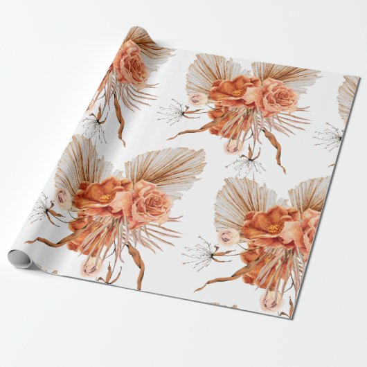 ボヘミアンの焼きオレンジ色の花をあしらったラスティックなウェディング ラッピングペーパー (アンロールド)