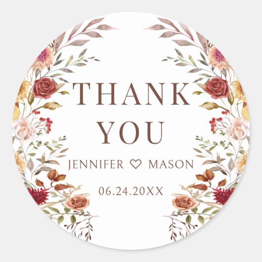 ボヘミアンの秋の落ち葉の花の結婚式のお礼 ラウンドシール (正面)