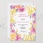 ボヘミアンの紫とゴールドのグリッターが付いた花の写真 スイート16 招待状 (正面)