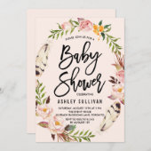 ボヘミアンの羽とフローラリースベビーシャワー 招待状 (正面/裏面)