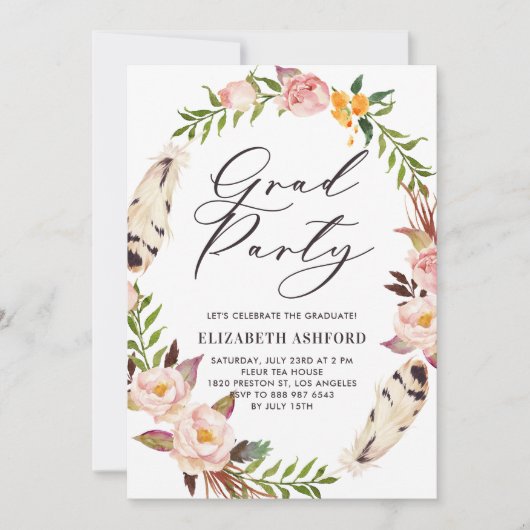 ボヘミアンの羽とフローラリース卒業 招待状 (正面)