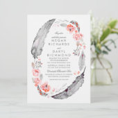 ボヘミアンの羽ピンクとグレー結婚ズ 招待状 (スタンド正面)
