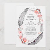 ボヘミアンの羽ピンクとグレー結婚ズ 招待状 (正面/裏面)