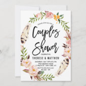 ボヘミアンの羽根と花の冠 カップルシャワー 招待状 (正面)