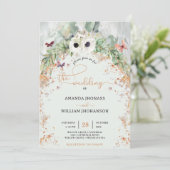 ボヘミアンの豊かな緑のアーチ ゴールドのガーデンウェディング 招待状 (スタンド正面)