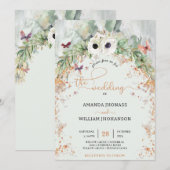 ボヘミアンの豊かな緑のアーチ ゴールドのガーデンウェディング 招待状 (正面/裏面)