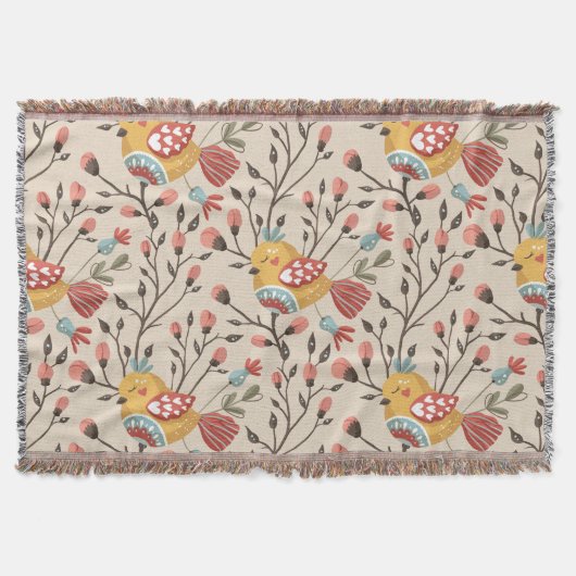 ボヘミアンの鳥と花のパターン – 自然インスパイア- スローブランケット (正面)