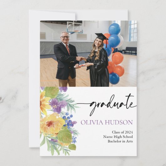 ボヘミアンはっきりしたワイルドフラワー写真シックな卒業 招待状 (正面)