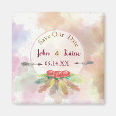 ボヘミアンをテーマにした羽毛とバラ救の私たちの日付 マグネット (正面)