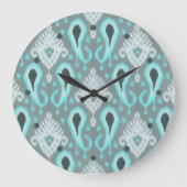ボヘミアンアクアターコイズイカットトライバルアートパターン ラージ壁時計 (正面)