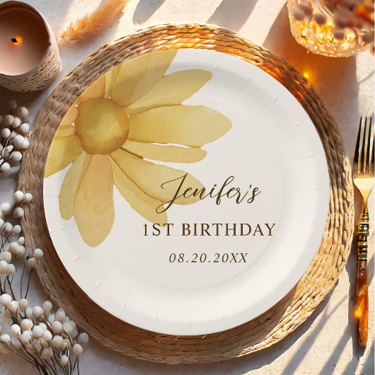ボヘミアンイエローデイジーフローラ誕生日パーティー ペーパープレート