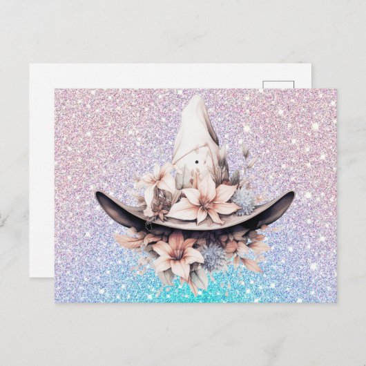 ボヘミアンウィッチハットフラワーズグリッターハロウィーン シーズンポストカード (正面/裏面)