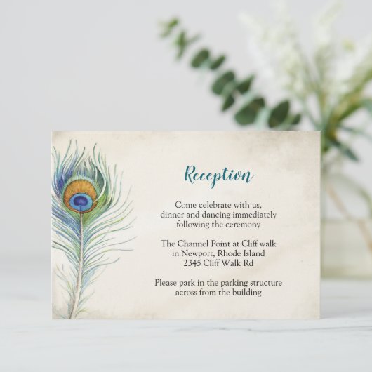 ボヘミアンウェディングレセプションピーコックフェザー エンクロージャーカード (スタンド正面)