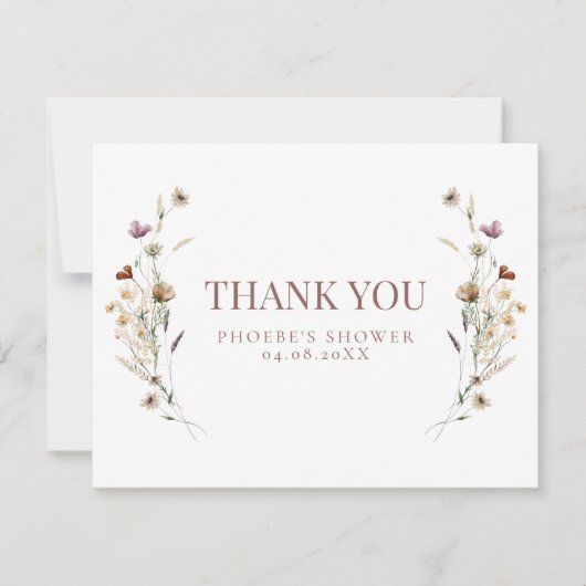 ボヘミアンウォーターカラーワイルドフラワーブライダルシャワーフラット サンキューカード (正面)