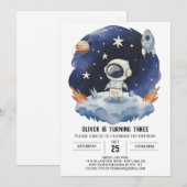 ボヘミアンウォーター色デジタル宇宙飛行士ボーイ誕生日 招待状 (正面/裏面)