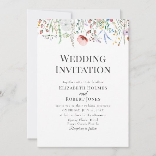 ボヘミアンウォーター色ワイルドフラワーウェディング招待 招待状 (正面)