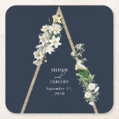 ボヘミアンウッドピラミッドホワイト花模様ズ結婚ブルー スクエアペーパーコースター (正面)