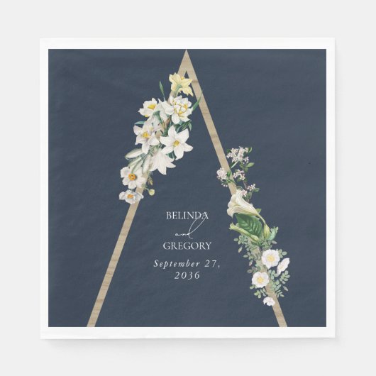ボヘミアンウッドピラミッドホワイト花模様ズ結婚ブルー スタンダードランチョンナプキン (正面)
