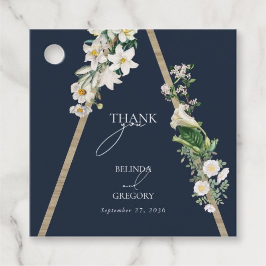 ボヘミアンウッドピラミッドホワイト花模様ズ結婚ブルー フェイバータグ (正面)