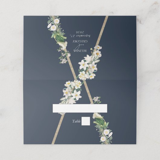 ボヘミアンウッドピラミッドホワイト花模様ズ結婚ブルー プレイスカード (外部開封)