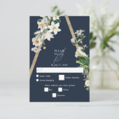 ボヘミアンウッドピラミッドホワイト花模様ズ結婚ブルー 出欠カード (スタンド正面)