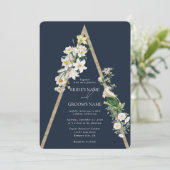 ボヘミアンウッドピラミッドホワイト花模様ズ結婚ブルー 招待状 (スタンド正面)