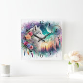 ボヘミアンウルフとドリームキャッチャー スクエア壁時計 (ホーム)