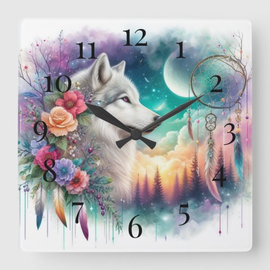ボヘミアンウルフとドリームキャッチャー スクエア壁時計 (正面)