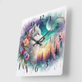 ボヘミアンウルフとドリームキャッチャー スクエア壁時計 (傾斜)