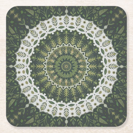 ボヘミアンエクレクティックスタイルグリーンリーフィマンダラ スクエアペーパーコースター (正面)