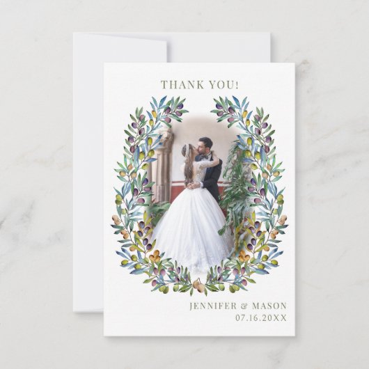 ボヘミアンオリーブの木の枝のリース結婚の写真 サンキューカード (正面)
