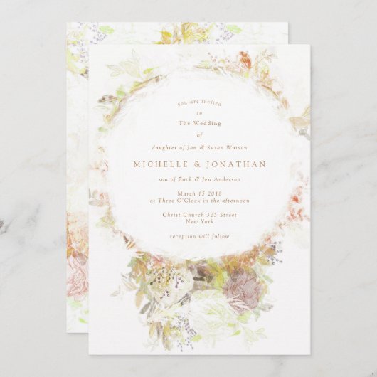 ボヘミアンオータムグリーンフラワーズ結婚式招待状 招待状 (正面/裏面)