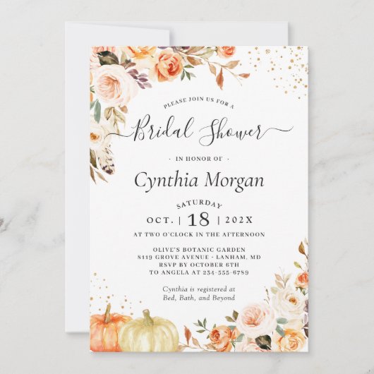 ボヘミアンオータム金ゴールドフローラ秋ブライダルシャワー 招待状 (正面)