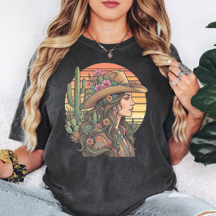 ボヘミアンカウガールデザートサンセットサボテンの花 Tシャツ