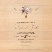 ボヘミアンカントリースタイルフローラブルスカル結婚ズ アクリル招待状 (正面)