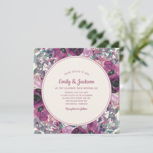 ボヘミアンガーデンパープルウォーターカラー結婚フローラ 招待状 (スタンド正面)