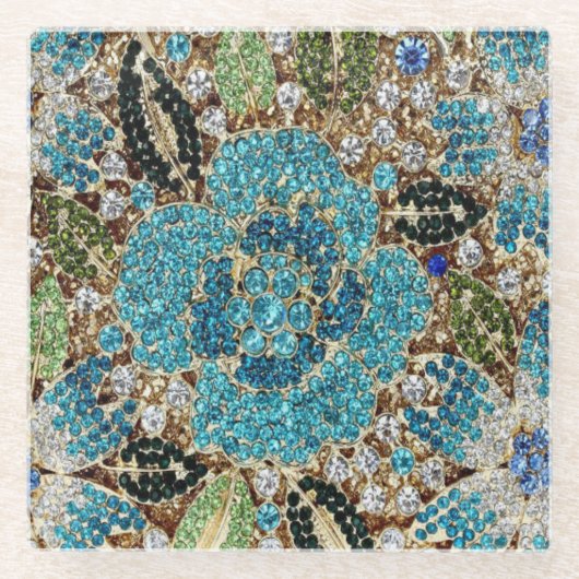 ボヘミアンガーリーシック銀ターコイズブルーフラワー ガラスコースター (正面)