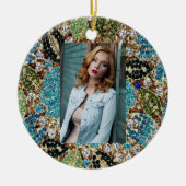 ボヘミアンガーリーシック銀ターコイズブルーフラワー セラミックオーナメント (正面)