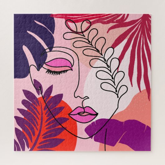 ボヘミアンガールラインアートピンクエステティック ジグソーパズル (縦)