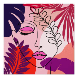 ボヘミアンガールラインアートピンクエステティック ポスター