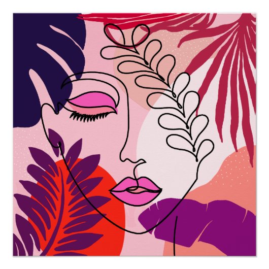 ボヘミアンガールラインアートピンクエステティック ポスター (正面)