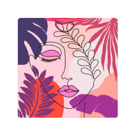 ボヘミアンガールラインアートピンクエステティック メタルプリント