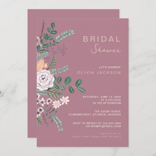 ボヘミアングリーン&マウヴシックフローラフラワーズブライダル 招待状 (正面/裏面)