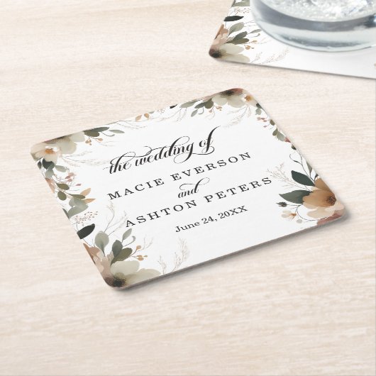 ボヘミアンコテージコア縁どフローラスクリプ結婚ト スクエアペーパーコースター (アングル)