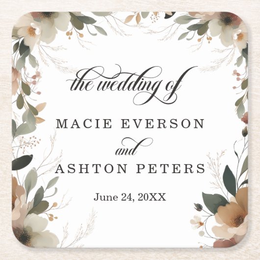 ボヘミアンコテージコア縁どフローラスクリプ結婚ト スクエアペーパーコースター (正面)