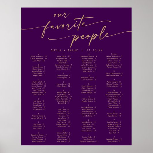 ボヘミアンゴールドとパープルの印刷可能な座席表 ポスター (正面)